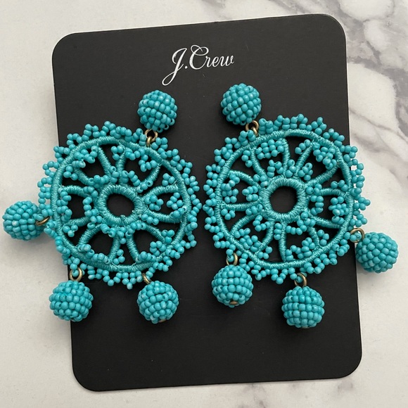 JCREW Beaded Crochet Earrings NWT OS Aqua - Picture 3 of 6